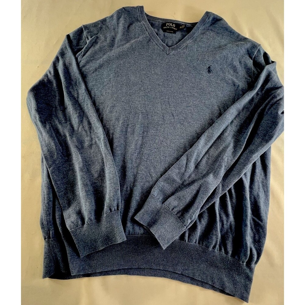 Polo Ralph Lauren Mens XXL Blue Long Sleeve Pullover Pima Cotton V-Neck Sweater